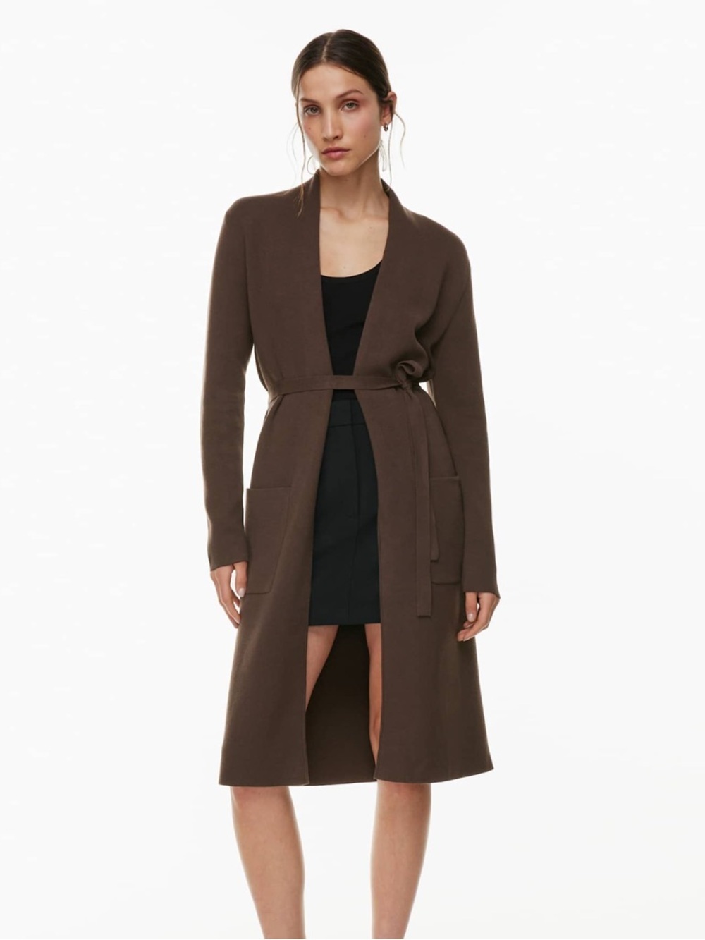 TSE 100% Cashmere Long Belted Knit Cardigan Sweater Brown
